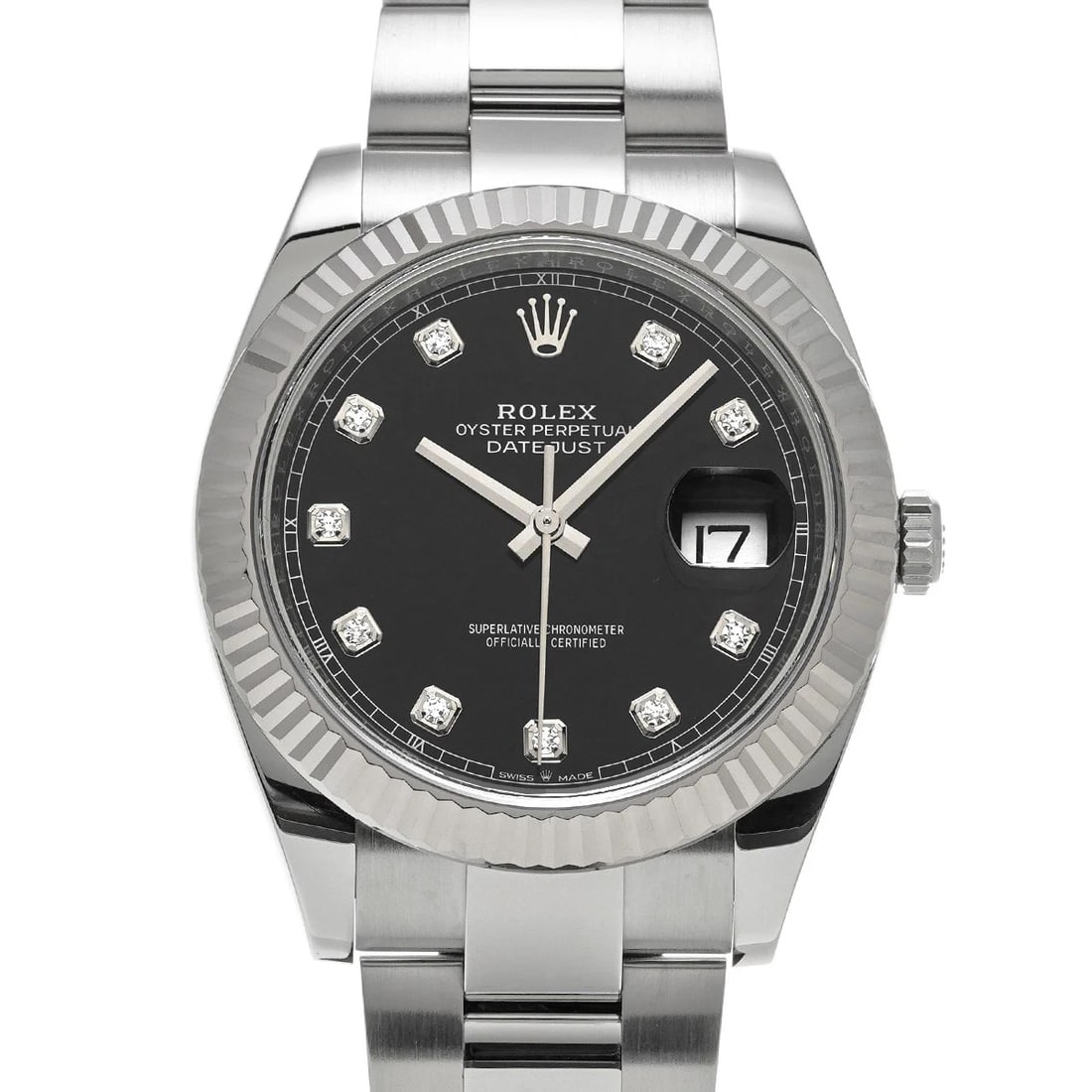 ROLEX DATEJUST 41 BRIGHT BLACK/DIAMOND WATCH: ROLEX Datejust 41 Bright black/diamond Watch Brand: ROLEX Type/Style: Wristwatch Material: Band Material Stainless steel, Case Material Stainless steel Color: Dial Color Bright black Size: Case Size