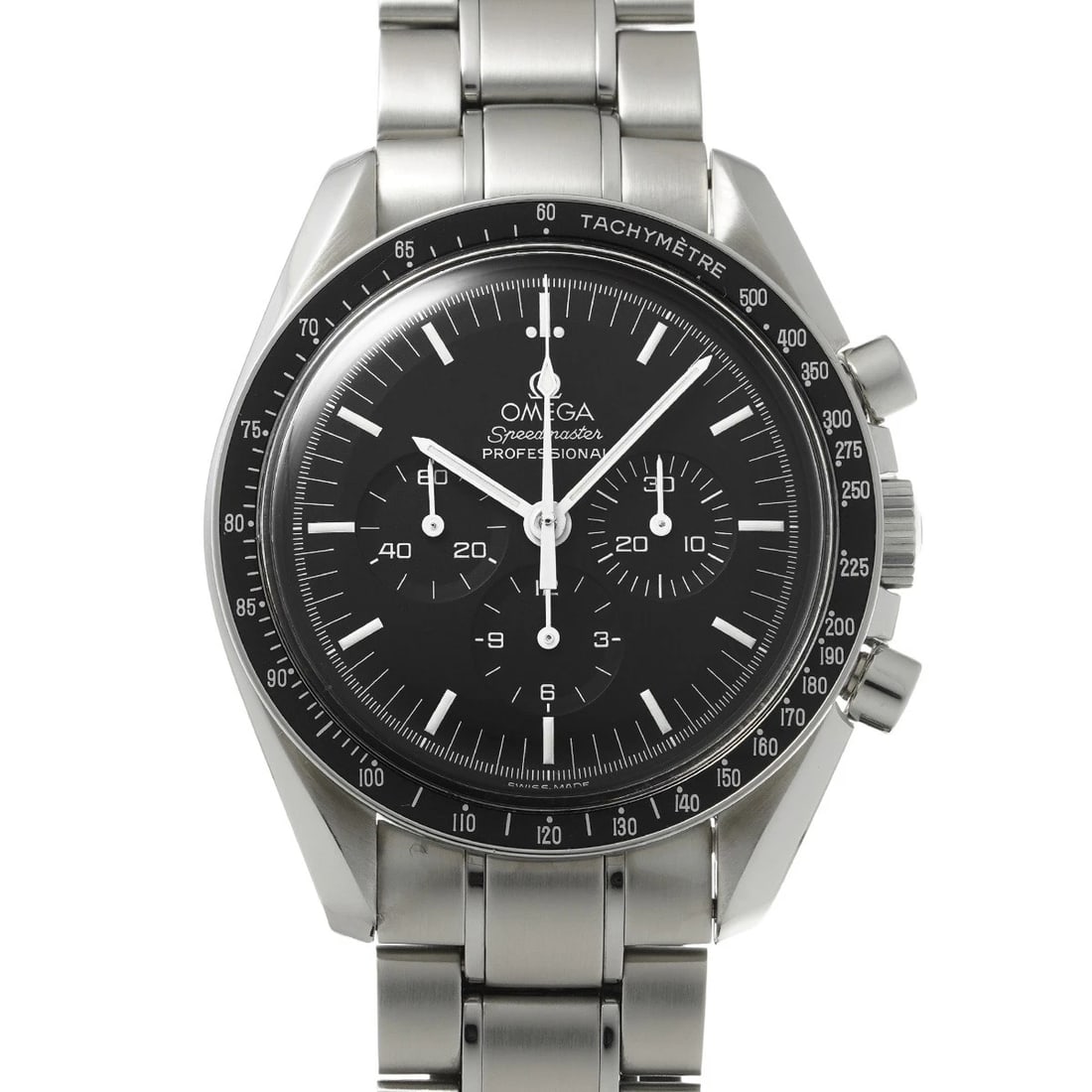 OMEGA SPEEDMASTER PROFESSIONAL BLACK WATCH: OMEGA Speedmaster Professional black Watch Brand: OMEGA Type/Style: Wristwatch Material: Band Material Stainless Steel, Case Material Stainless Steel Color: Dial Color Dial Color Black Band Color