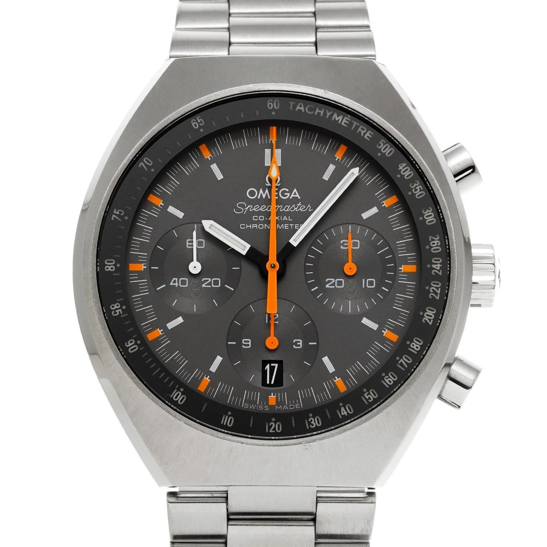 OMEGA SPEEDMASTER MARK II CO-AXIAL GRAY WATCH: OMEGA Speedmaster Mark II Co-axial gray Watch Brand: OMEGA Type/Style: Wristwatch Material: Band Material Stainless steel, Case Material Stainless steel Color: Dial Color gray Size: Case Size H/about