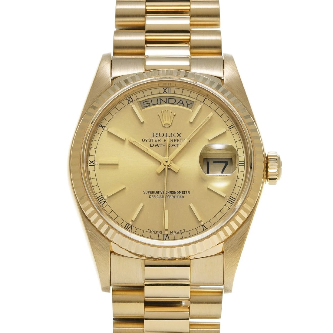 ROLEX DAY-DATE 36 CHAMPAGNE WATCH: ROLEX Day-Date 36 Champagne Watch Brand: ROLEX Type/Style: Wristwatch Material: Band Material Yellow Gold, Case Material Yellow Gold Color: Dial Color Champagne Size: Case Size H/about 36mm W/about