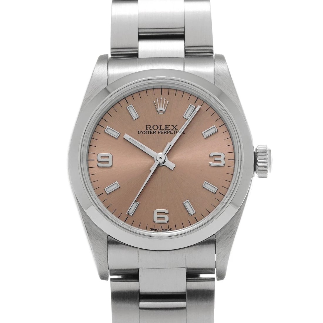 ROLEX OYSTER PERPETUAL PINK WATCH: ROLEX Oyster Perpetual pink Watch Brand: ROLEX Type/Style: Wristwatch Material: Band Material Stainless steel, Case Material Stainless steel Color: Dial Color pink Size: Case Size H/about 31mm