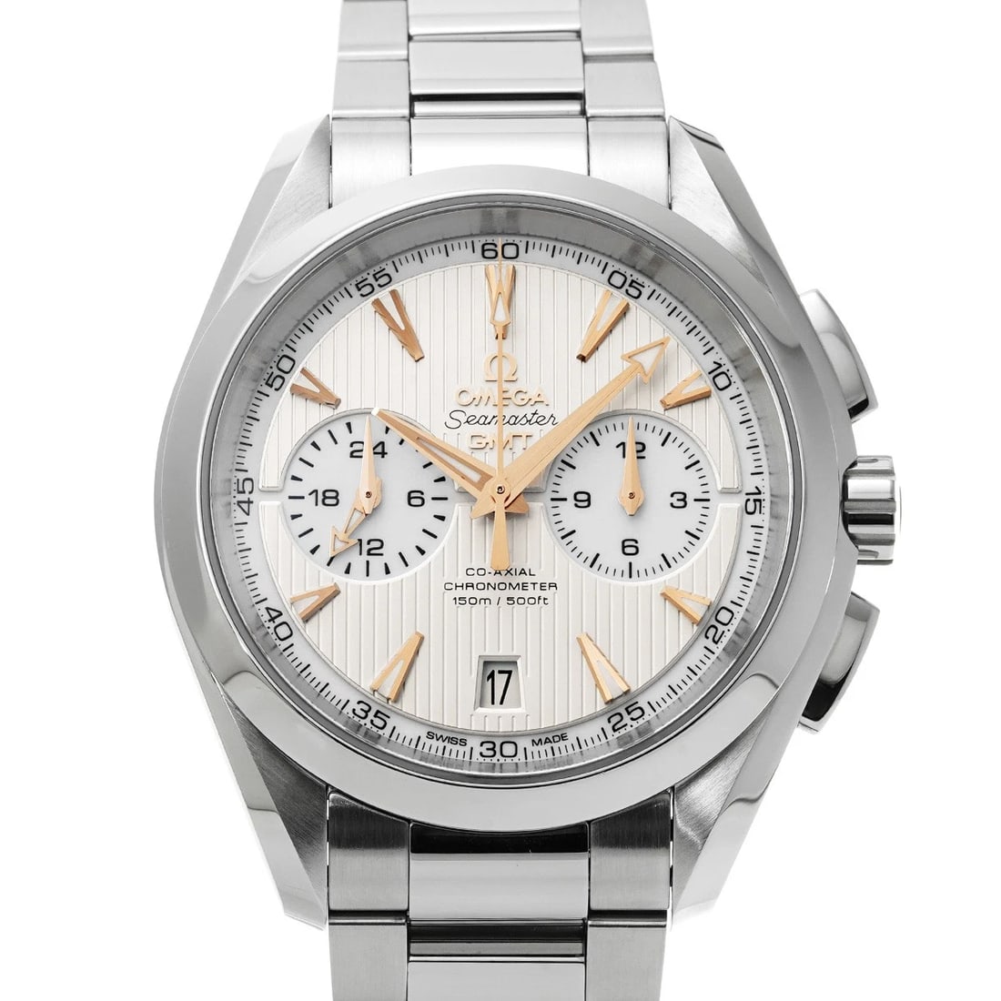 OMEGA SEAMASTER AQUA TERRA CO-AXIAL GMT CHRONOGRAPH WATCH: OMEGA Seamaster Aqua Terra Co-axial GMT Chronograph Watch Brand: OMEGA Type/Style: Wristwatch Material: Band Material Stainless Steel, Case Material Stainless Steel Color: Dial Color Dial Color
