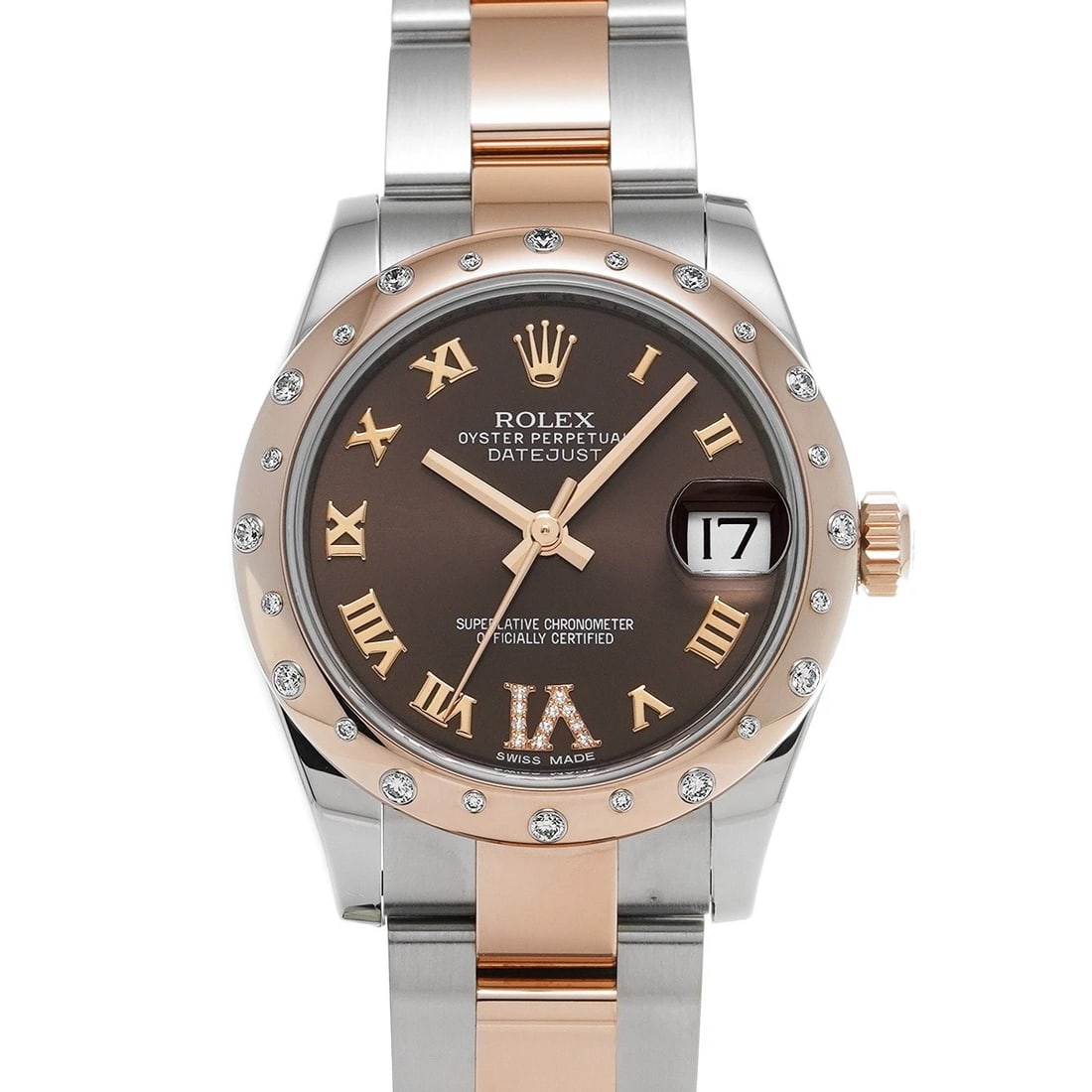 ROLEX DATEJUST 31 CHOCOLATE BROWN/DIAMOND WATCH: ROLEX Datejust 31 Chocolate brown/diamond Watch Brand: ROLEX Type/Style: Wristwatch Material: Band Material Stainless steel/Everrose gold, Case Material Stainless steel Color: Dial Color Chocolate