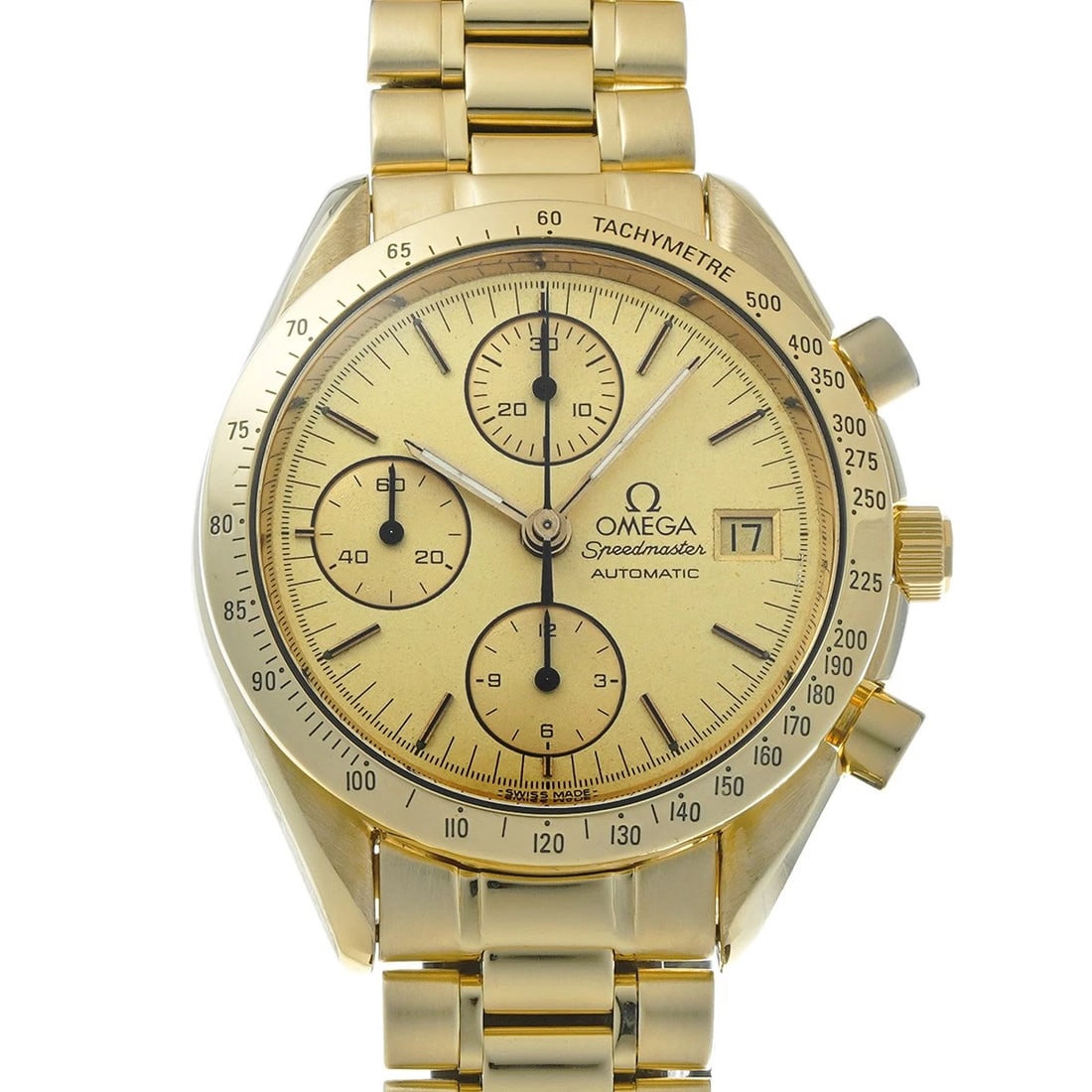 OMEGA SPEEDMASTER DATE CHAMPAGNE WATCH: OMEGA Speedmaster Date Champagne Watch Brand: OMEGA Type/Style: Wristwatch Material: Band Material Yellow Gold, Case Material Yellow Gold Color: Dial Color Dial Color Champagne Case Color Gold Band Co