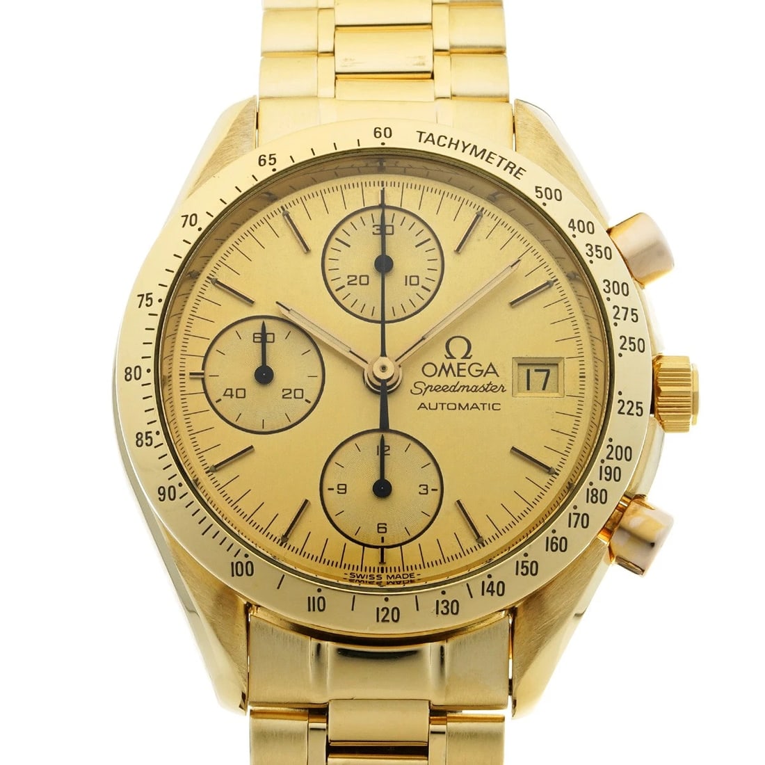 OMEGA SPEEDMASTER DATE CHAMPAGNE WATCH: OMEGA Speedmaster Date Champagne Watch Brand: OMEGA Type/Style: Wristwatch Material: Band Material Yellow Gold, Case Material Yellow Gold Color: Dial Color Dial Color Champagne Case Color Gold Band