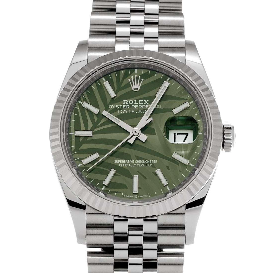 ROLEX DATEJUST 36 OLIVE GREEN PALM MOTIF WATCH (1 of 4)