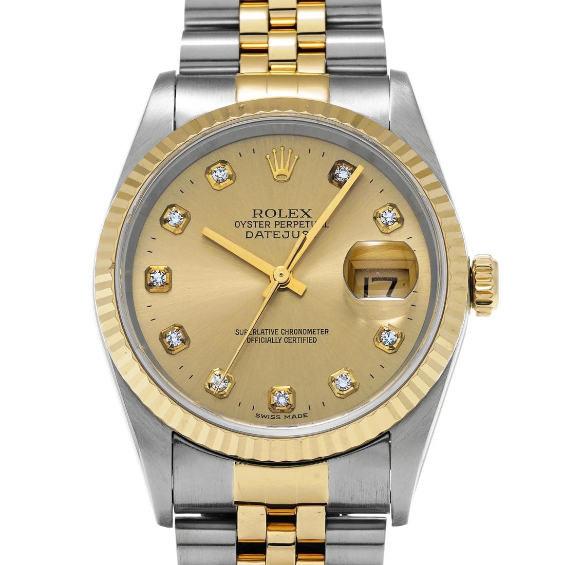 ROLEX DATEJUST 36 CHAMPAGNE/DIAMOND WATCH: ROLEX Datejust 36 Champagne/diamond Watch Brand: ROLEX Type/Style: Wristwatch Material: Band Material Stainless steel/Yellow Gold, Case Material Stainless steel Color: Dial Color Champagne Size: Case 