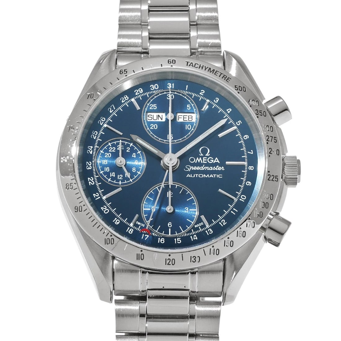OMEGA SPEEDMASTER TRIPLE CALENDAR BLUE WATCH: OMEGA Speedmaster Triple Calendar blue Watch Brand: OMEGA Type/Style: Wristwatch Material: Band Material Stainless steel, Case Material Stainless steel Color: Dial Color blue Size: Case Size H/about