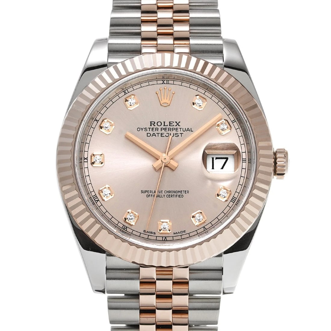 ROLEX DATEJUST 41 SUNDUST/DIAMOND WATCH: ROLEX Datejust 41 Sundust/diamond Watch Brand: ROLEX Type/Style: Wristwatch Material: Band Material Stainless steel/Everrose gold, Case Material Stainless steel Color: Dial Color Sundust Size: Case Si