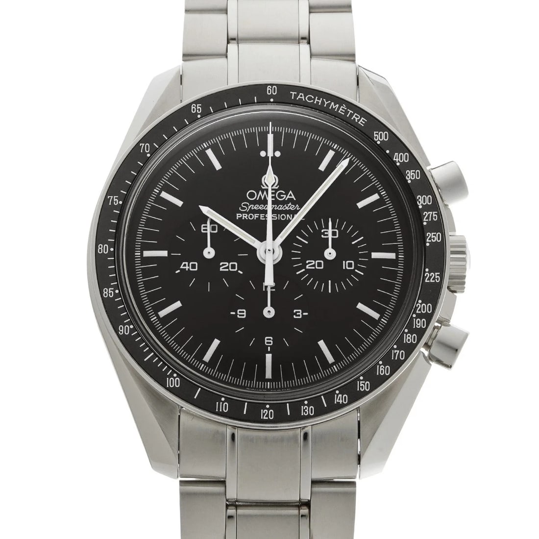 OMEGA SPEEDMASTER MOONWATCH PROFESSIONAL BLACK WATCH: OMEGA Speedmaster Moonwatch Professional black Watch Brand: OMEGA Type/Style: Wristwatch Material: Band Material Stainless steel, Case Material Stainless steel Color: Dial Color black Size: Case Size 