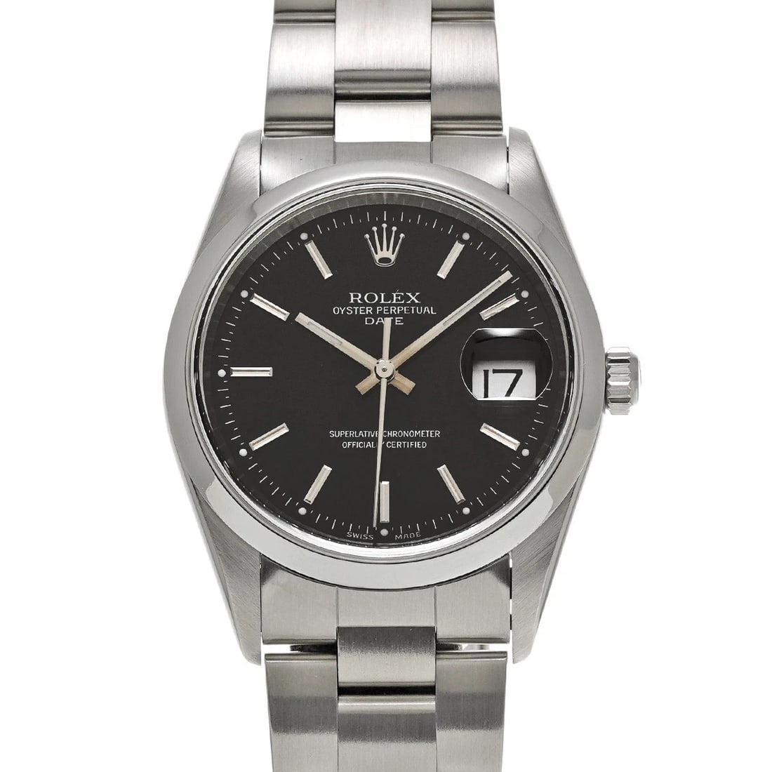 ROLEX OYSTER PERPETUAL DATE 34 BLACK WATCH: ROLEX Oyster Perpetual Date 34 black Watch Brand: ROLEX Type/Style: Wristwatch Material: Band Material Stainless steel, Case Material Stainless steel Color: Dial Color black Size: Case Size H/about 34