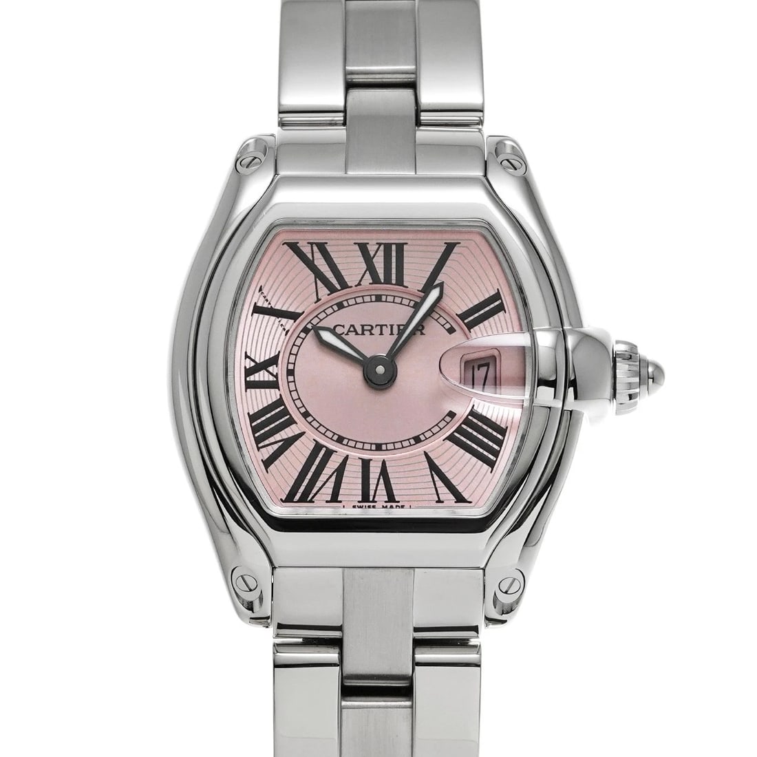 CARTIER ROADSTER SM PINK WATCH: CARTIER Roadster SM pink Watch Brand: CARTIER Type/Style: Wristwatch Material: Band Material Stainless steel, Case Material Stainless steel Color: Dial Color pink Size: Case Size H/about 37mm W/about 