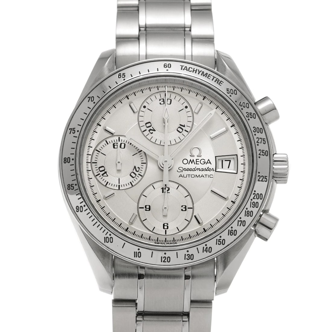OMEGA SPEEDMASTER DATE SILVER WATCH: OMEGA Speedmaster Date Silver Watch Brand: OMEGA Type/Style: Wristwatch Material: Band Material Stainless steel, Case Material Stainless steel Color: Dial Color Silver Size: Case Size H/about 39mm