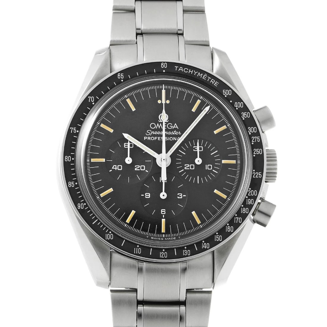 OMEGA SPEEDMASTER MOONWATCH PROFESSIONAL BLACK WATCH: OMEGA Speedmaster Moonwatch Professional black Watch Brand: OMEGA Type/Style: Wristwatch Material: Band Material Stainless steel, Case Material Stainless steel Color: Dial Color black Size: Case Size 