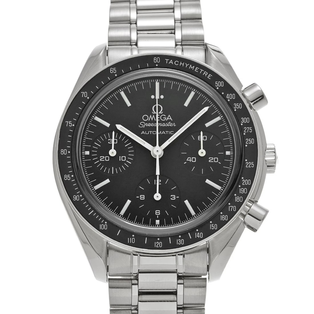OMEGA SPEEDMASTER AUTOMATIC BLACK WATCH: OMEGA Speedmaster Automatic black Watch Brand: OMEGA Type/Style: Wristwatch Material: Band Material Stainless Steel, Case Material Stainless Steel Color: Dial Color Dial Color Black Case Color Silver