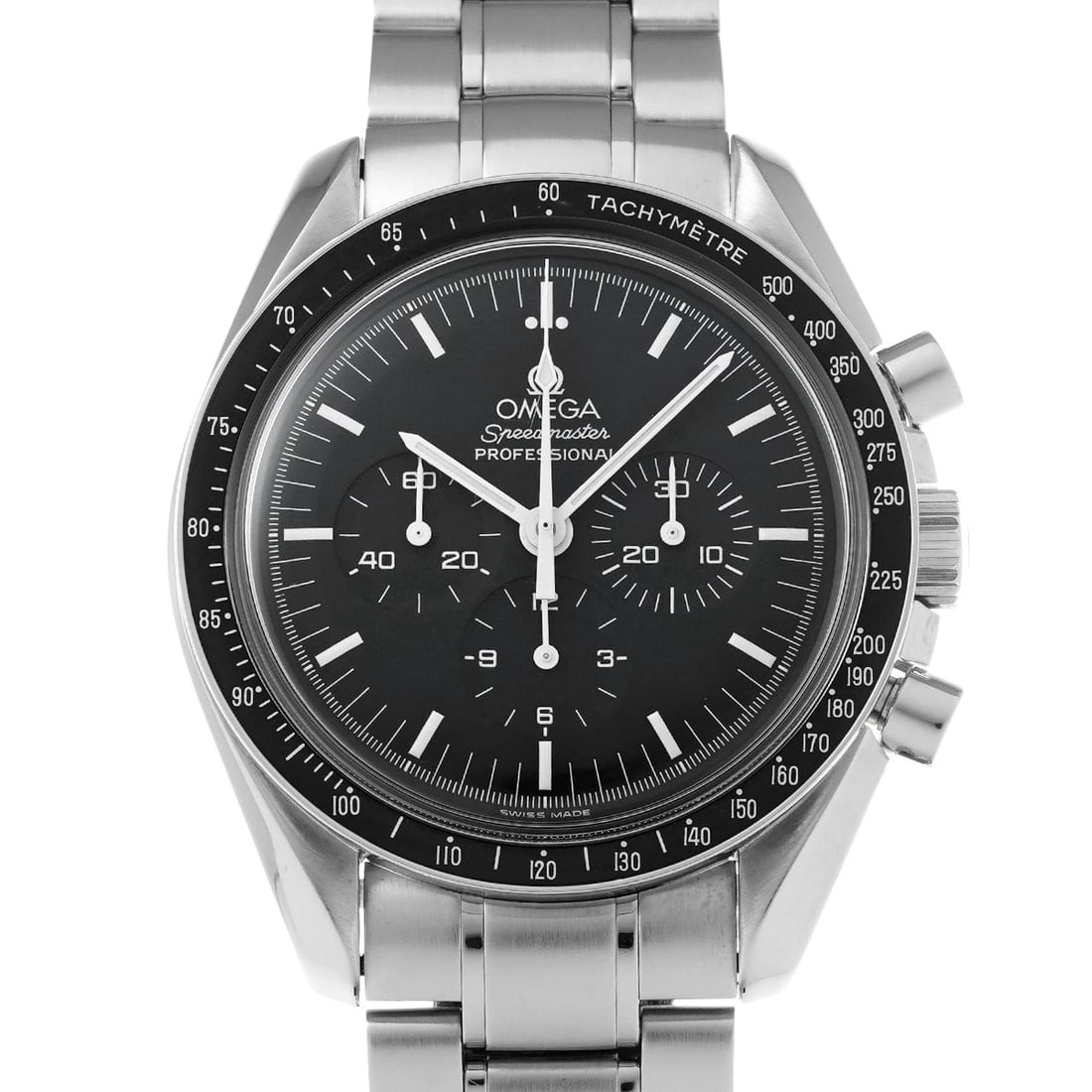 OMEGA SPEEDMASTER MOONWATCH PROFESSIONAL BLACK WATCH: OMEGA Speedmaster Moonwatch Professional black Watch Brand: OMEGA Type/Style: Wristwatch Material: Band Material Stainless steel, Case Material Stainless steel Color: Dial Color black Size: Case Size