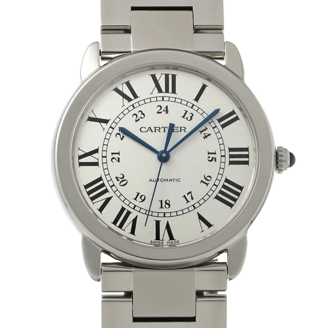 CARTIER RONDE SOLO DE CARTIER SILVER WATCH: CARTIER Ronde Solo de Cartier Silver Watch Brand: CARTIER Type/Style: Wristwatch Material: Band Material Stainless steel, Case Material Stainless steel Color: Dial Color Silver Size: Case Size