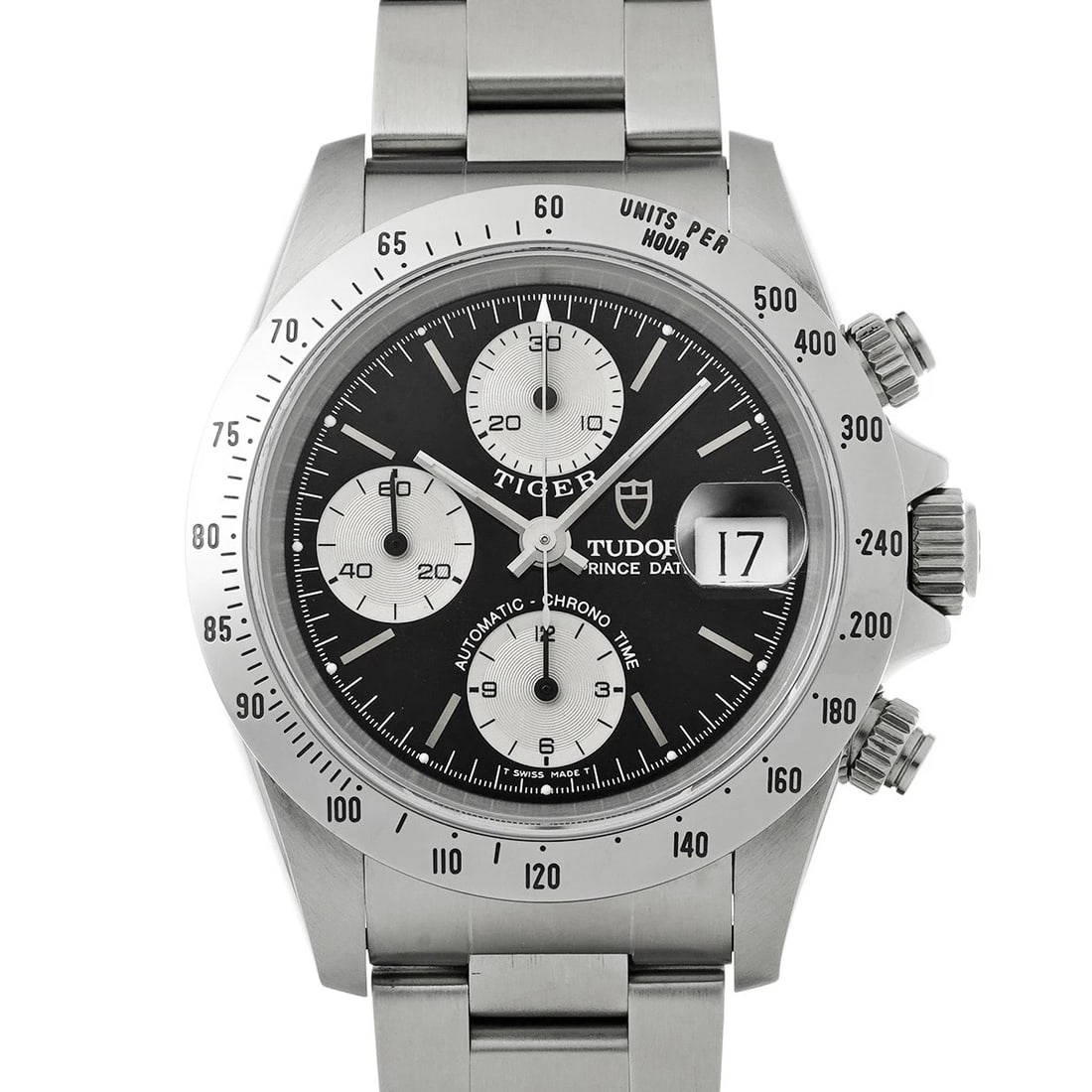 TUDOR PRICE DATE CHRONOTIME TIGER BLACK/SILVER WATCH: TUDOR Price Date Chronotime Tiger black/Silver Watch Brand: TUDOR Type/Style: Wristwatch Material: Band Material Stainless steel, Case Material Stainless steel Color: Dial Color black Size: Case Size