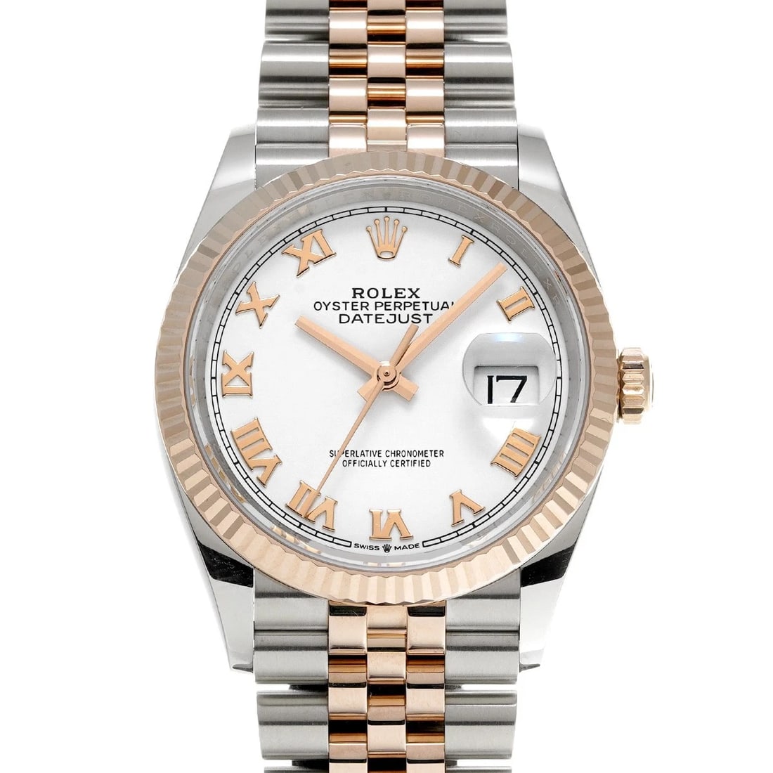 ROLEX DATEJUST 36 WHITE WATCH: ROLEX Datejust 36 white Watch Brand: ROLEX Type/Style: Wristwatch Material: Band Material Stainless steel/Everrose gold, Case Material Stainless steel Color: Dial Color white Size: Case Size H/about