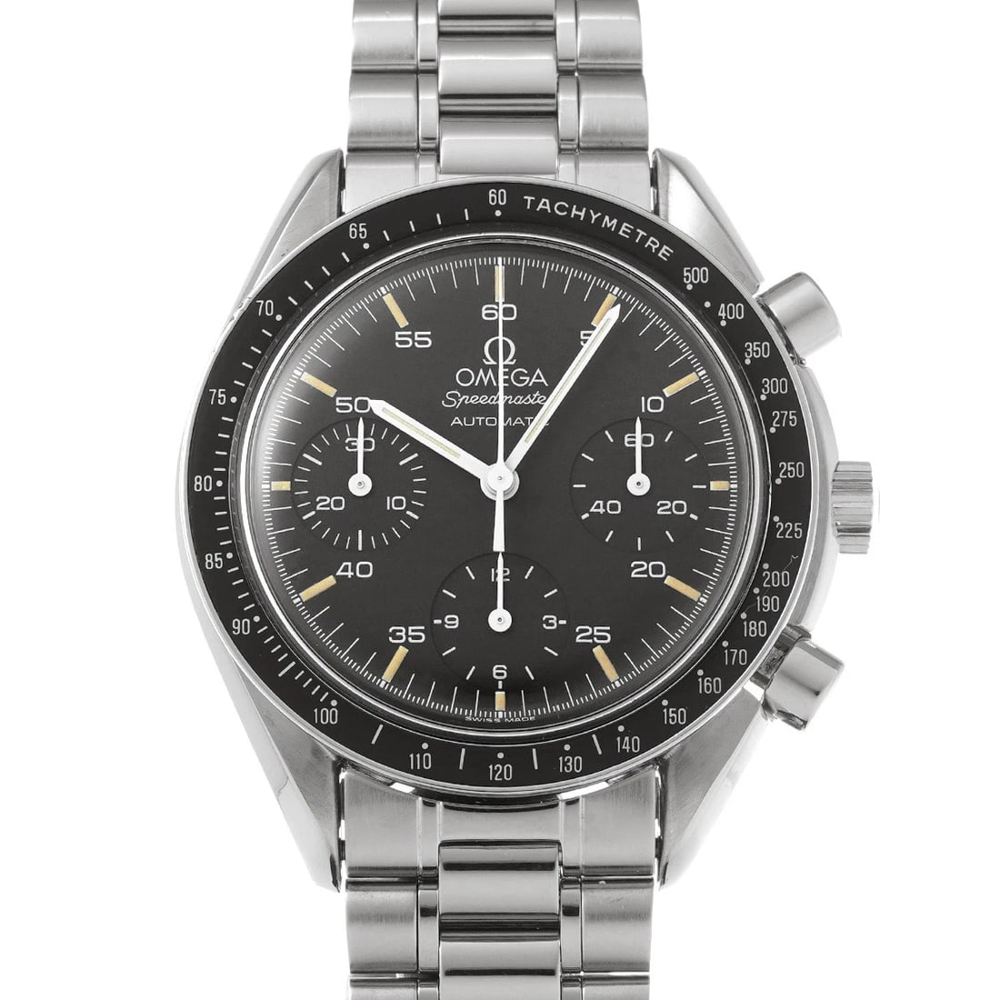 OMEGA SPEEDMASTER AUTOMATIC BLACK WATCH: OMEGA Speedmaster Automatic black Watch Brand: OMEGA Type/Style: Wristwatch Material: Band Material Stainless Steel, Case Material Stainless Steel Color: Dial Color Dial Color Black Case Color Silver 