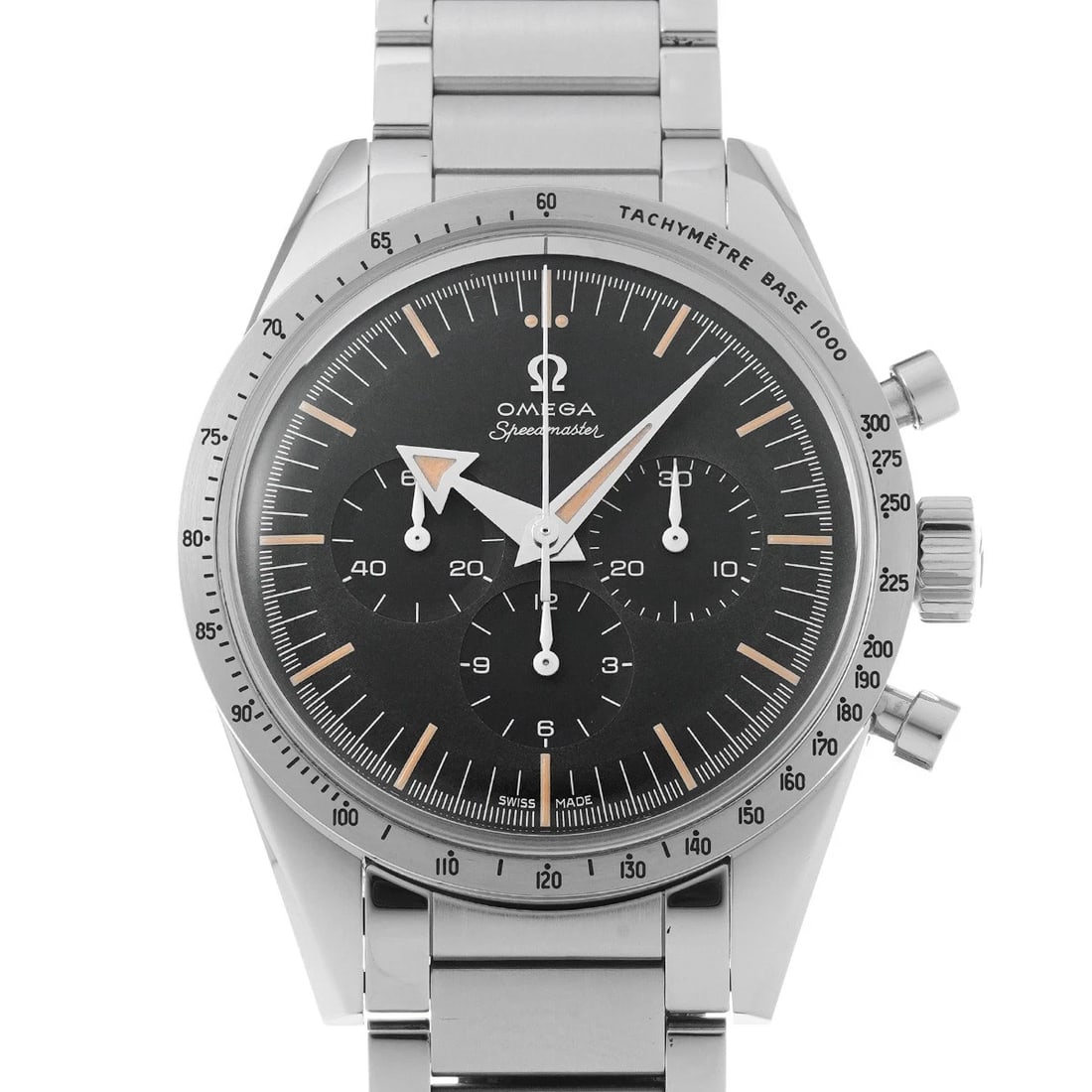 OMEGA SPEEDMASTER BLACK WATCH: OMEGA Speedmaster black Watch Brand: OMEGA Type/Style: Wristwatch Material: Band Material Stainless Steel, Case Material Stainless Steel Color: Dial Color Dial Color Black Case Color Silver Size: Case