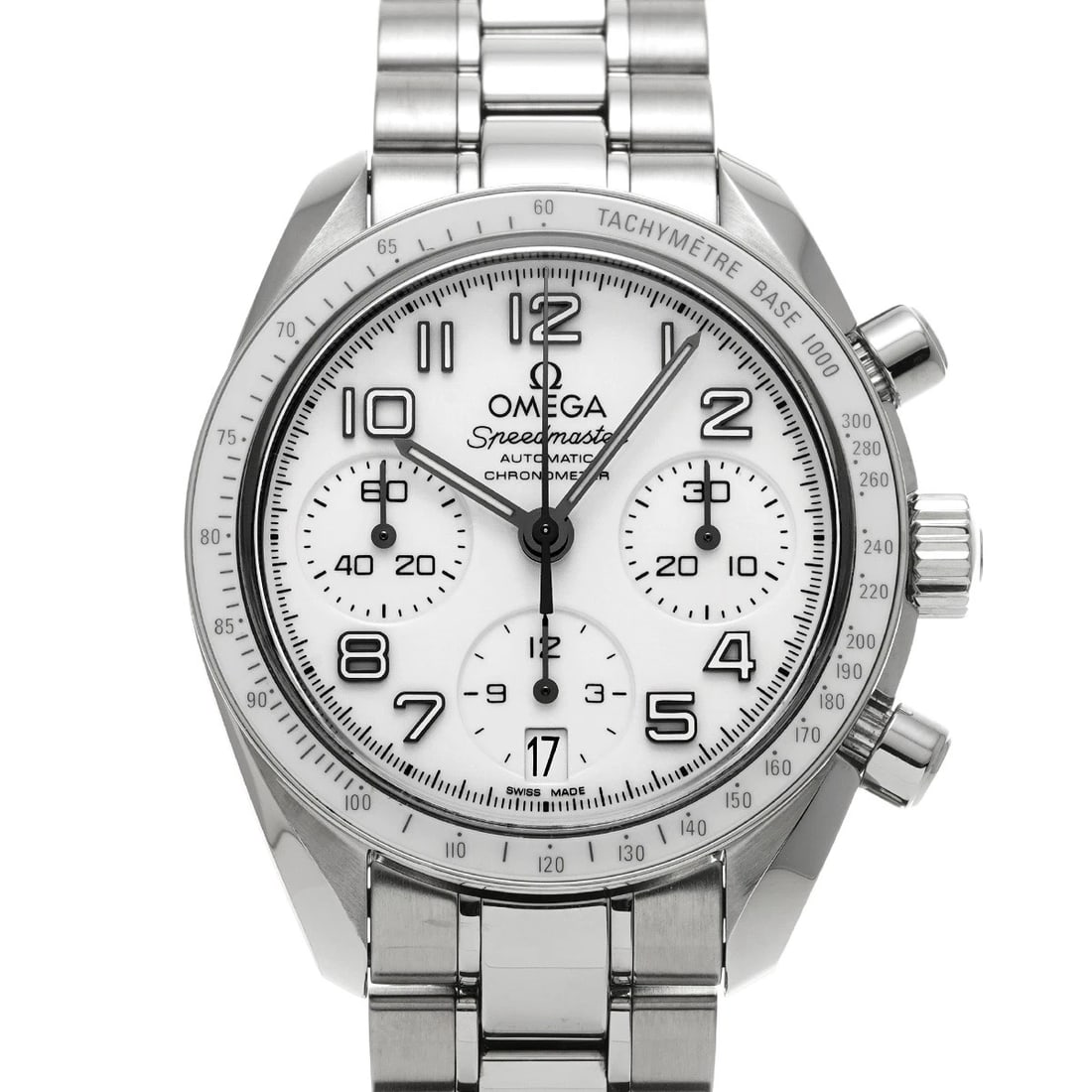 OMEGA SPEEDMASTER DATE WHITE WATCH: OMEGA Speedmaster Date white Watch Brand: OMEGA Type/Style: Wristwatch Material: Band Material Stainless Steel, Case Material Stainless Steel Color: Dial Color Dial Color White Band Color Silver Case