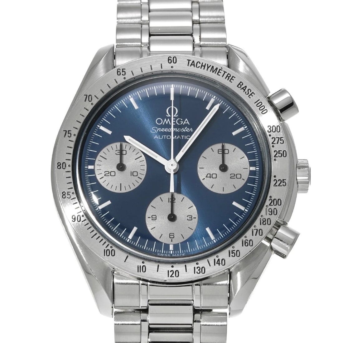 OMEGA SPEEDMASTER AUTOMATIC BLUE/SILVER WATCH: OMEGA Speedmaster Automatic blue/Silver Watch Brand: OMEGA Type/Style: Wristwatch Material: Band Material Stainless Steel, Case Material Stainless Steel Color: Dial Color Dial Color Blue Band Color Si