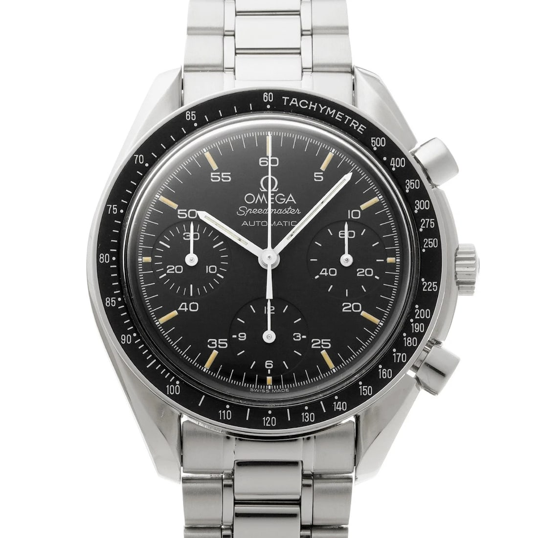OMEGA SPEEDMASTER AUTOMATIC BLACK WATCH: OMEGA Speedmaster Automatic black Watch Brand: OMEGA Type/Style: Wristwatch Material: Band Material Stainless steel, Case Material Stainless steel Color: Dial Color black Size: Case Size H/about 39mm