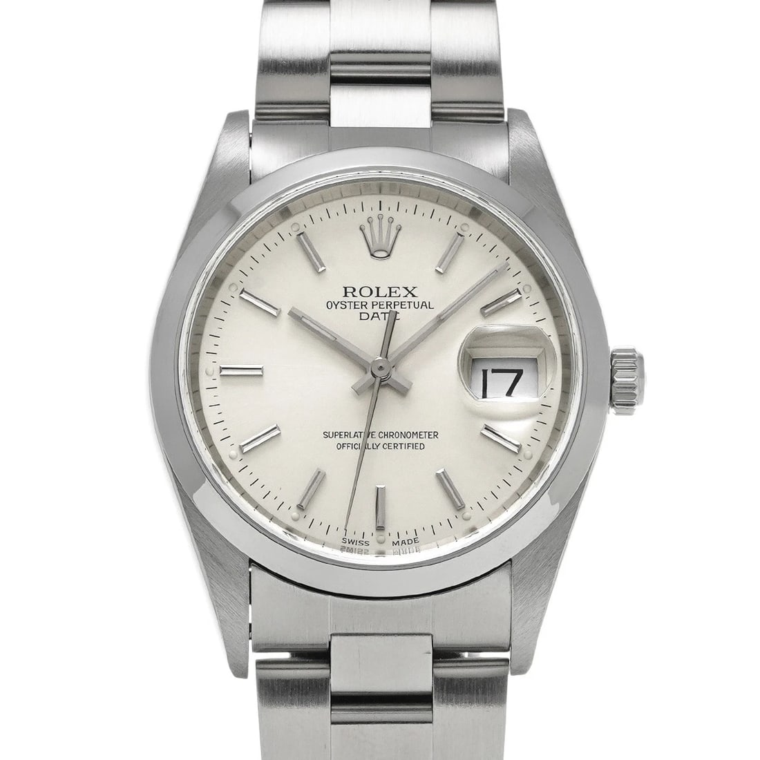ROLEX OYSTER PERPETUAL DATE SILVER WATCH: ROLEX Oyster Perpetual Date Silver Watch Brand: ROLEX Type/Style: Wristwatch Material: Band Material Stainless steel, Case Material Stainless steel Color: Dial Color Silver Size: Case Size H/about 34m