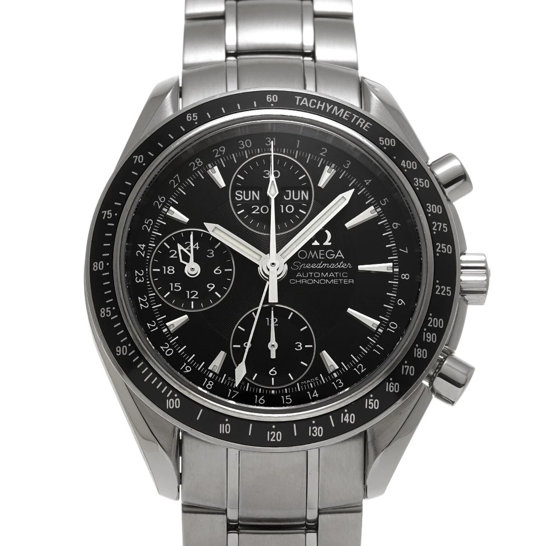 OMEGA SPEEDMASTER TRIPLE CALENDAR BLACK WATCH: OMEGA Speedmaster Triple Calendar black Watch Brand: OMEGA Type/Style: Wristwatch Material: Band Material Stainless steel, Case Material Stainless steel Color: Dial Color black Size: Case Size
