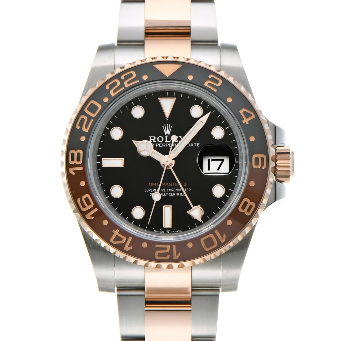 ROLEX GMT-MASTER II BLACK WATCH: ROLEX GMT-Master II black Watch Brand: ROLEX Type/Style: Wristwatch Material: Band Material Stainless steel/Everrose gold, Case Material Stainless steel Color: Dial Color black Size: Case Size