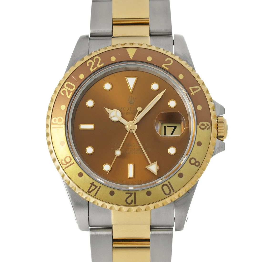 ROLEX GMT-MASTERII BROWN WATCH: ROLEX GMT-MasterII Brown Watch Brand: ROLEX Type/Style: Wristwatch Material: Band Material Stainless steel/Yellow Gold, Case Material Stainless steel Color: Dial Color Brown Size: Case Size H/about