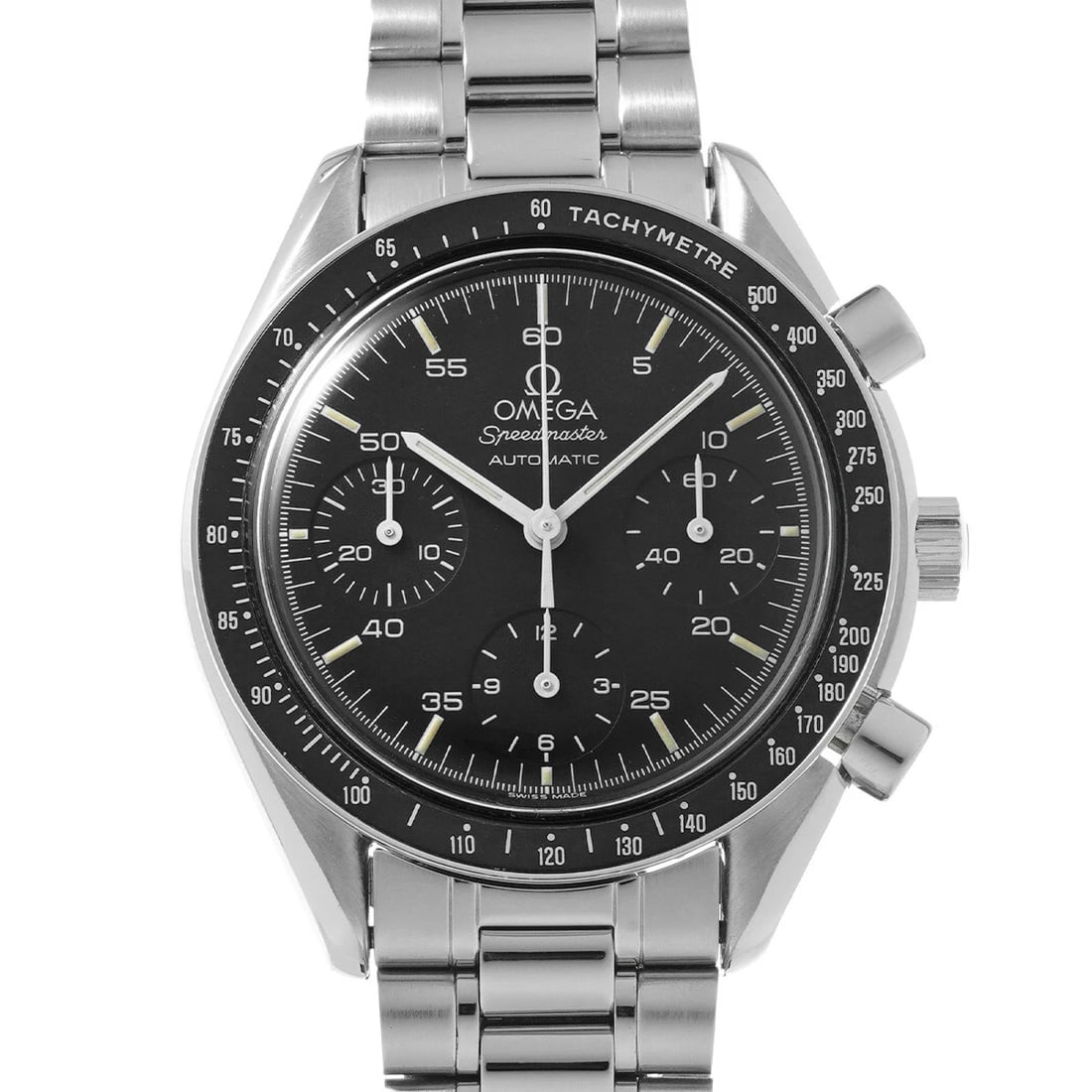 OMEGA SPEEDMASTER AUTOMATIC BLACK WATCH: OMEGA Speedmaster Automatic black Watch Brand: OMEGA Type/Style: Wristwatch Material: Band Material Stainless steel, Case Material Stainless steel Color: Dial Color black Size: Case Size H/about 39mm