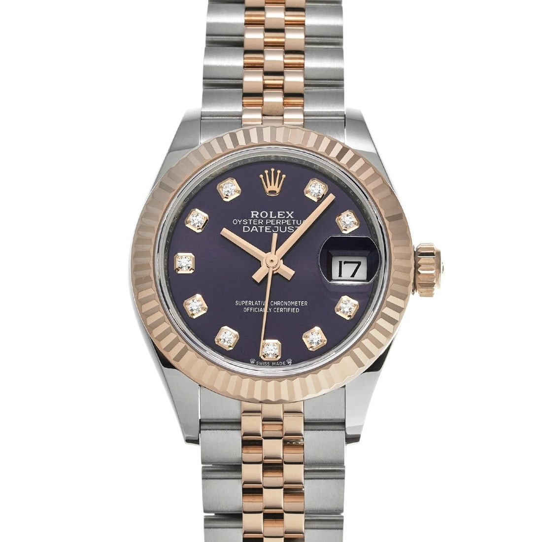 ROLEX DATEJUST 28 AUBERZINE/DIAMOND WATCH: ROLEX Datejust 28 Auberzine/diamond Watch Brand: ROLEX Type/Style: Wristwatch Material: Band Material Stainless steel/Everrose gold, Case Material Stainless steel Color: Dial Color Auberzine Size: