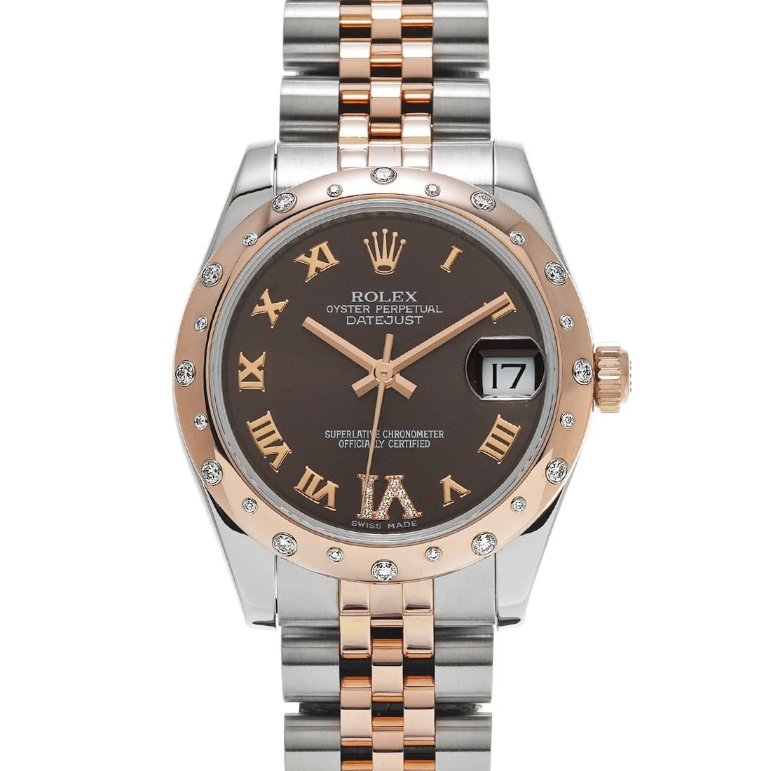ROLEX DATEJUST 31 CHOCOLATE BROWN/DIAMOND WATCH: ROLEX Datejust 31 Chocolate brown/diamond Watch Brand: ROLEX Type/Style: Wristwatch Material: Band Material Stainless steel/Everrose gold, Case Material Stainless steel Color: Dial Color Chocolate