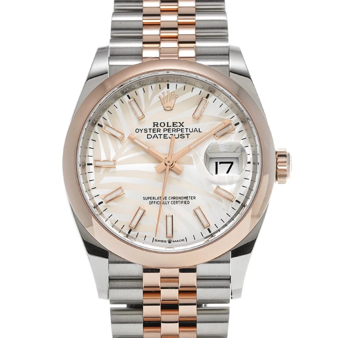 ROLEX DATEJUST 36 SILVER/PALM MOTIF WATCH: ROLEX Datejust 36 Silver/palm motif Watch Brand: ROLEX Type/Style: Wristwatch Material: Band Material Everrose gold/Stainless steel, Case Material Stainless steel Color: Dial Color Silver Size: Case