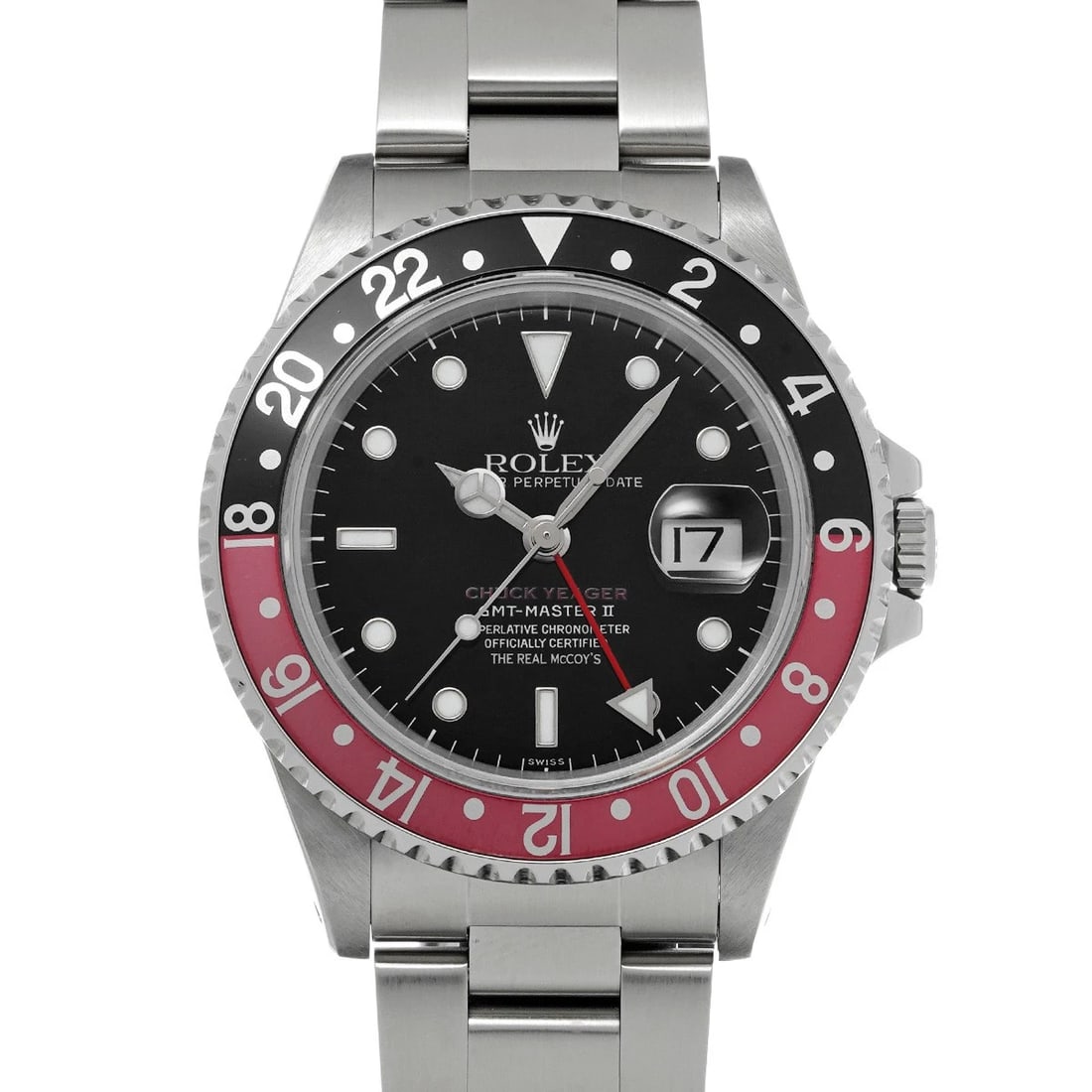 ROLEX GMT-MASTER II CHUCK YEAGER BLACK WATCH: ROLEX GMT-Master II Chuck Yeager black Watch Brand: ROLEX Type/Style: Wristwatch Material: Band Material Stainless steel, Case Material Stainless steel Color: Dial Color black Size: Case Size H/about