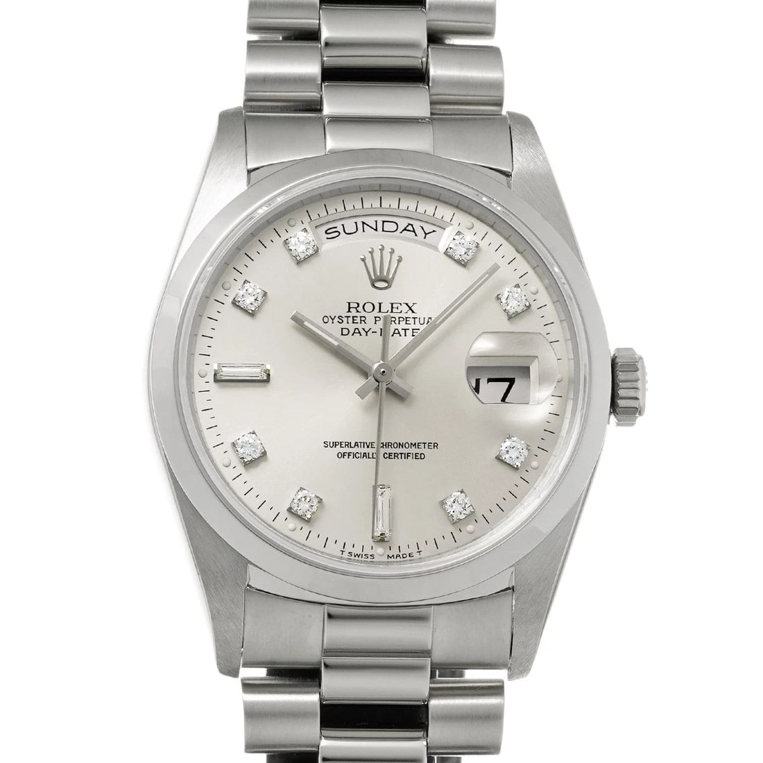 ROLEX DAY-DATE 36 SILVER/DIAMOND WATCH: ROLEX Day-Date 36 Silver/diamond Watch Brand: ROLEX Type/Style: Wristwatch Material: Band Material Platinum, Case Material Platinum Color: Dial Color Silver Size: Case Size H/about 36mm W/about 36mm