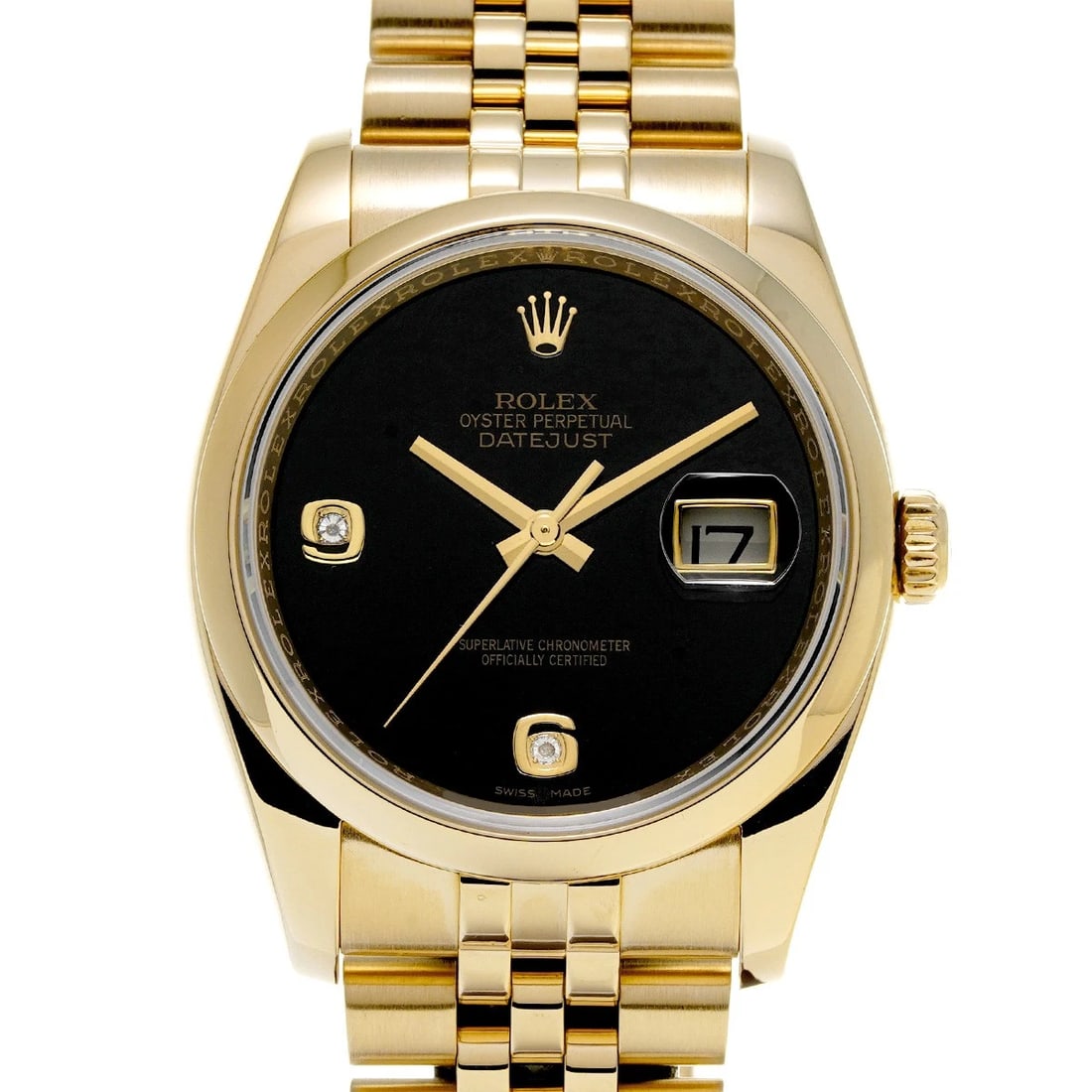 ROLEX DATEJUST 36 BLACK/DIAMOND WATCH: ROLEX Datejust 36 black/diamond Watch Brand: ROLEX Type/Style: Wristwatch Material: Band Material Yellow Gold, Case Material Yellow Gold Color: Dial Color black Size: Case Size H/about 36mm W/about 36
