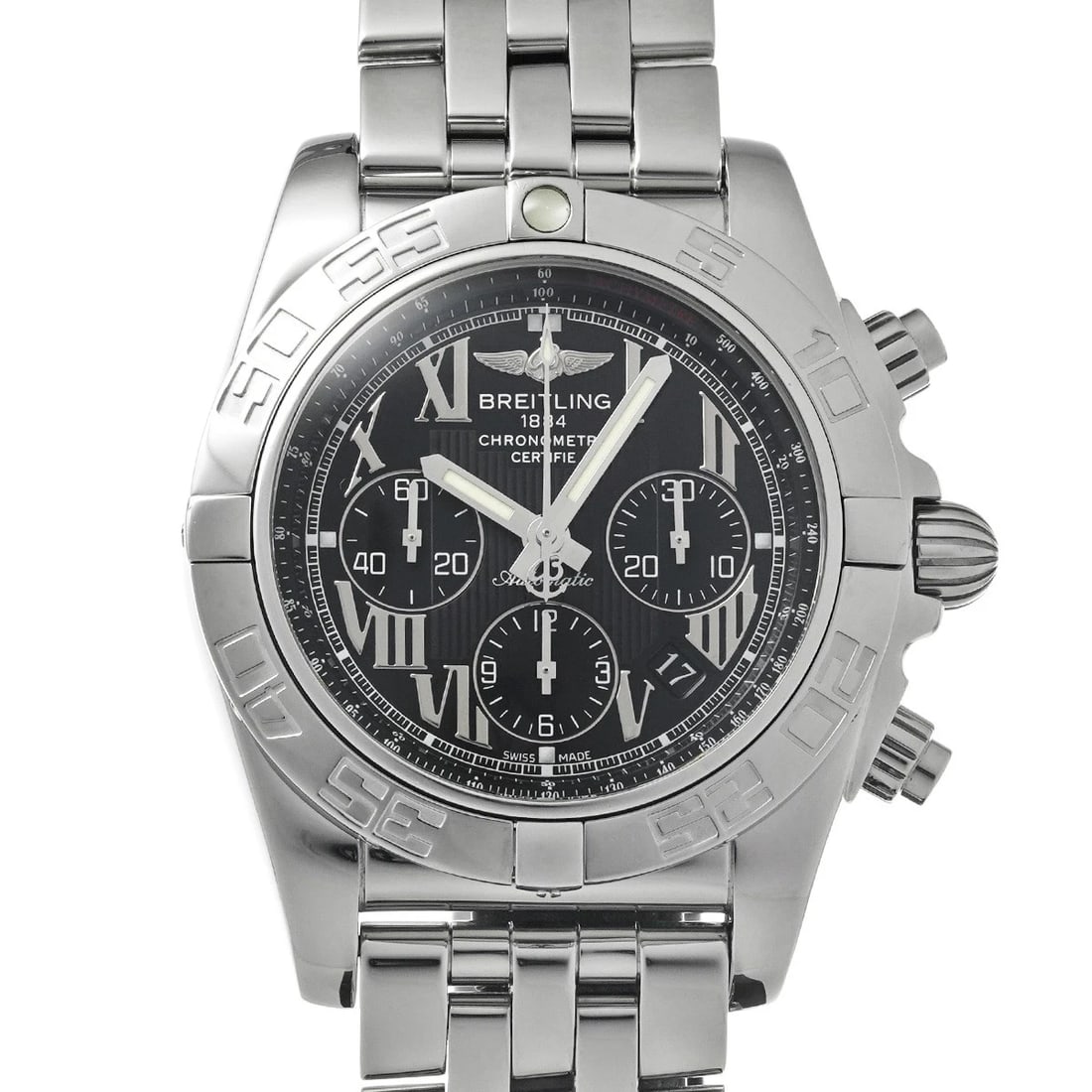 BREITLING CHRONOMAT 44 BLACK WATCH: BREITLING Chronomat 44 black Watch Brand: BREITLING Type/Style: Wristwatch Material: Band Material Stainless steel, Case Material Stainless steel Color: Dial Color black Size: Case Size H/about
