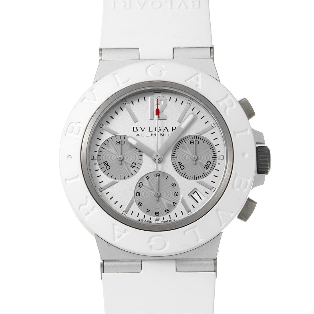 BVLGARI ALUMINUM CHRONOGRAPH SILVER/GRAY WATCH: BVLGARI Aluminum Chronograph Silver/gray Watch Brand: BVLGARI Type/Style: Wristwatch Material: Band Material rubber, Case Material aluminum Color: Dial Color Silver Size: Case Size H/about 40mm