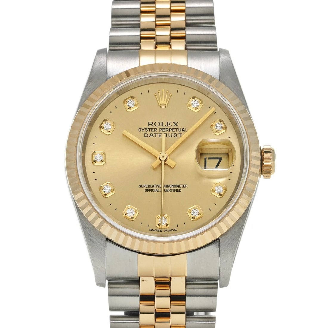 ROLEX DATEJUST 36 CHAMPAGNE/DIAMOND WATCH: ROLEX Datejust 36 Champagne/diamond Watch Brand: ROLEX Type/Style: Wristwatch Material: Band Material Stainless steel/Yellow Gold, Case Material Stainless steel Color: Dial Color Champagne Size: Case