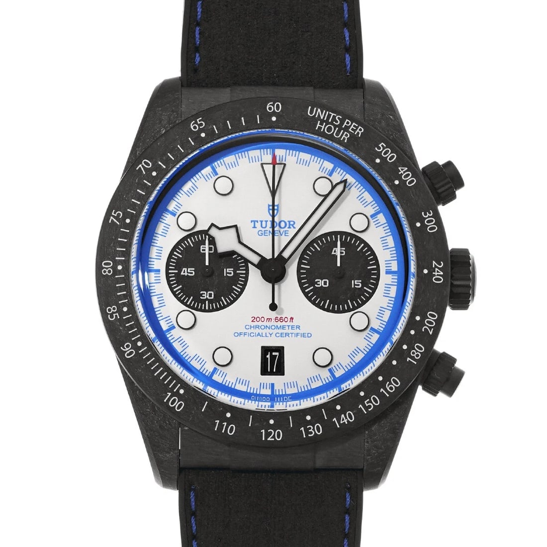 TUDOR BLACK BAY CHRONO CARBON WHITE/BLACK WATCH: TUDOR Black Bay Chrono Carbon white/black Watch Brand: TUDOR Type/Style: Wristwatch Material: Band Material leather/rubber, Case Material carbon Color: Dial Color white Size: Case Size H/about 41mm