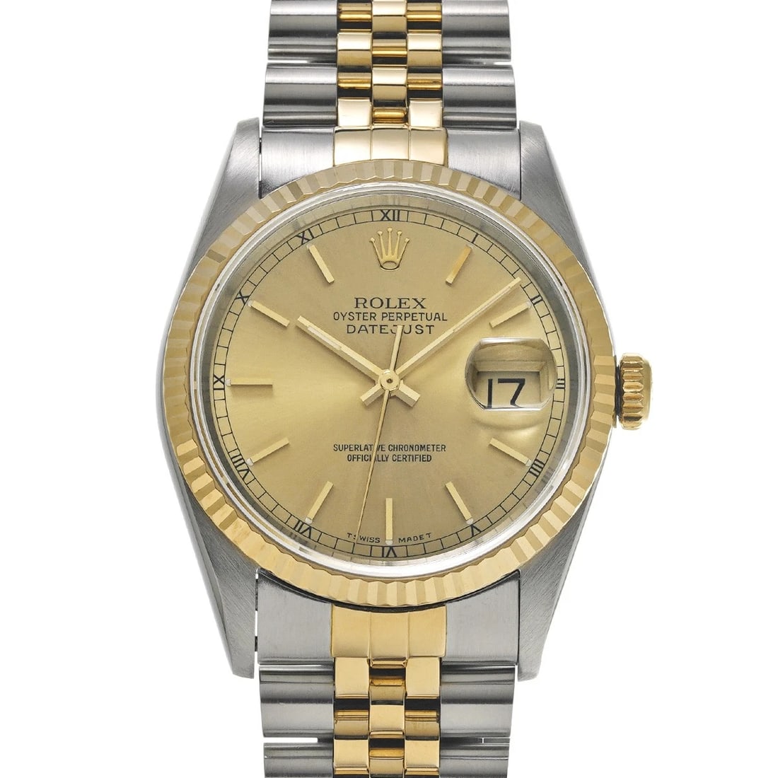 ROLEX DATEJUST 36 CHAMPAGNE WATCH: ROLEX Datejust 36 Champagne Watch Brand: ROLEX Type/Style: Wristwatch Material: Band Material Stainless steel/Yellow Gold, Case Material Stainless steel Color: Dial Color Champagne Size: Case Size