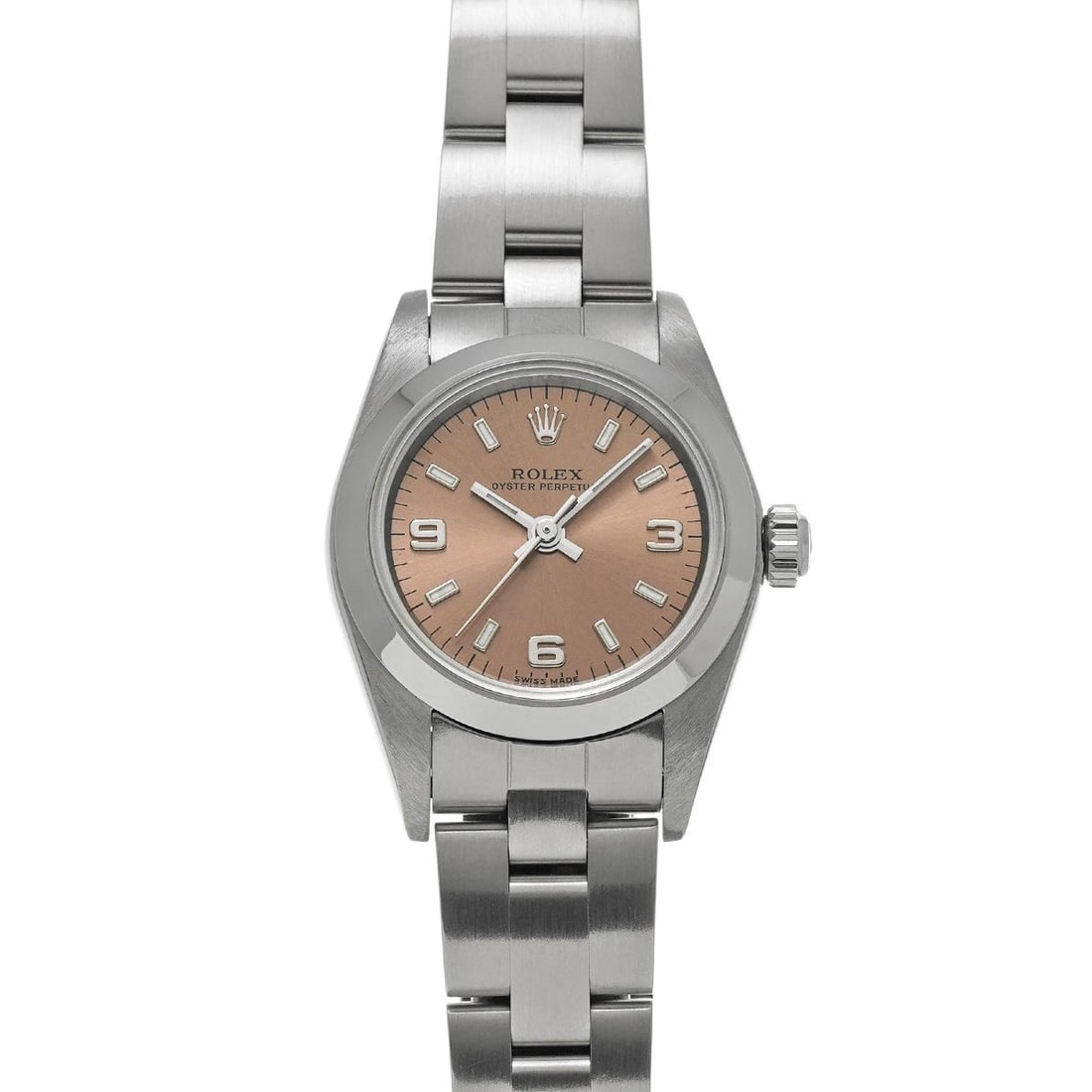 ROLEX OYSTER PERPETUAL PINK WATCH: ROLEX Oyster Perpetual pink Watch Brand: ROLEX Type/Style: Wristwatch Material: Band Material Stainless steel, Case Material Stainless steel Color: Dial Color pink Size: Case Size H/about 24mm