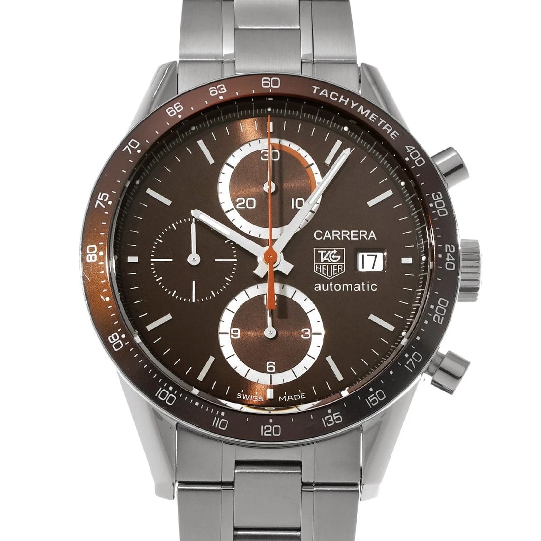 TAG HEUER CARRERA TACHYMETER CHRONOGRAPH BROWN WATCH: TAG HEUER Carrera Tachymeter Chronograph Brown Watch Brand: TAG HEUER Type/Style: Wristwatch Material: Band Material Stainless steel, Case Material Stainless steel Color: Dial Color Brown Size: Case S