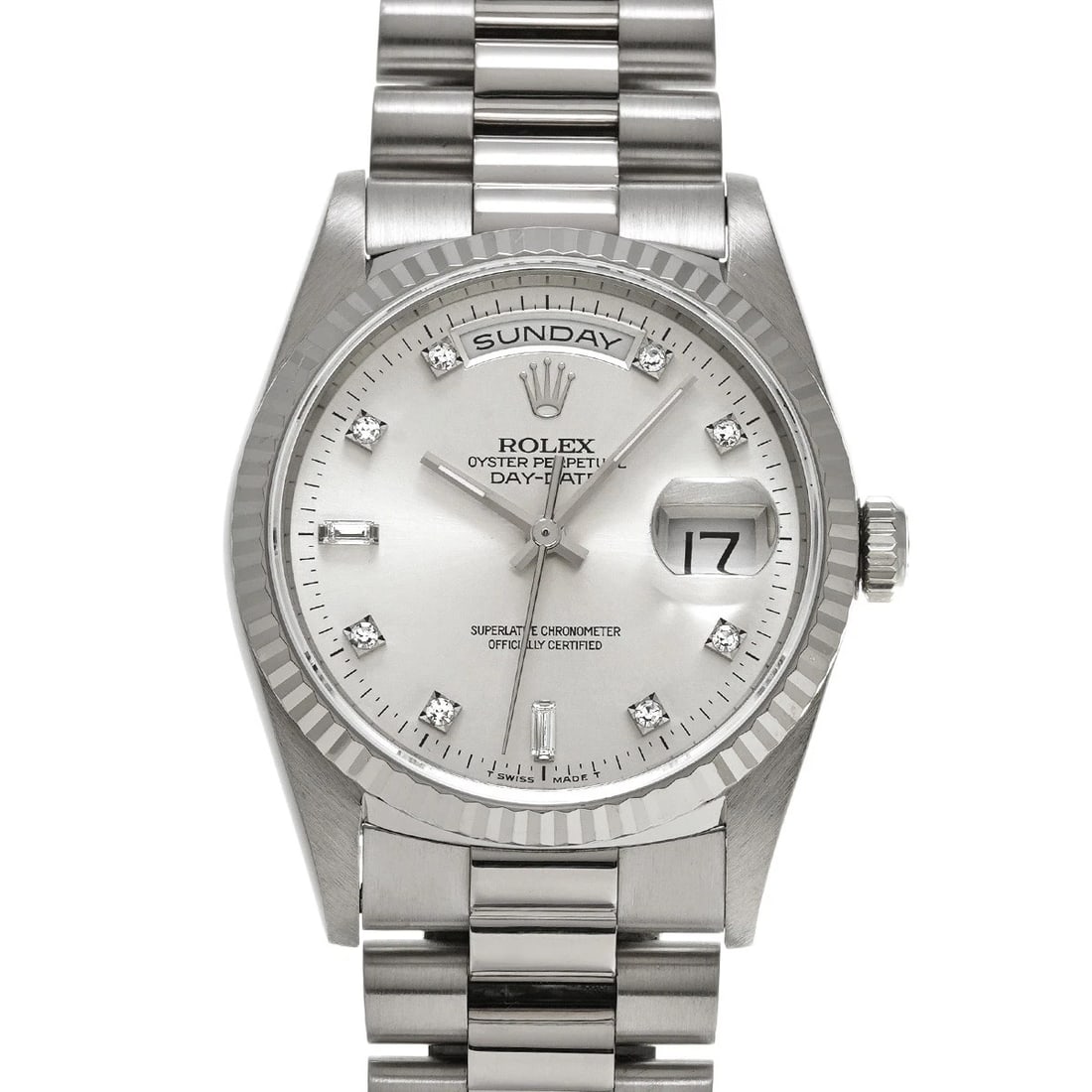 ROLEX DAY-DATE SILVER/DIAMOND WATCH: ROLEX Day-Date Silver/diamond Watch Brand: ROLEX Type/Style: Wristwatch Material: Band Material White gold, Case Material White gold Color: Dial Color Silver Size: Case Size H/about 36mm W/about 36mm