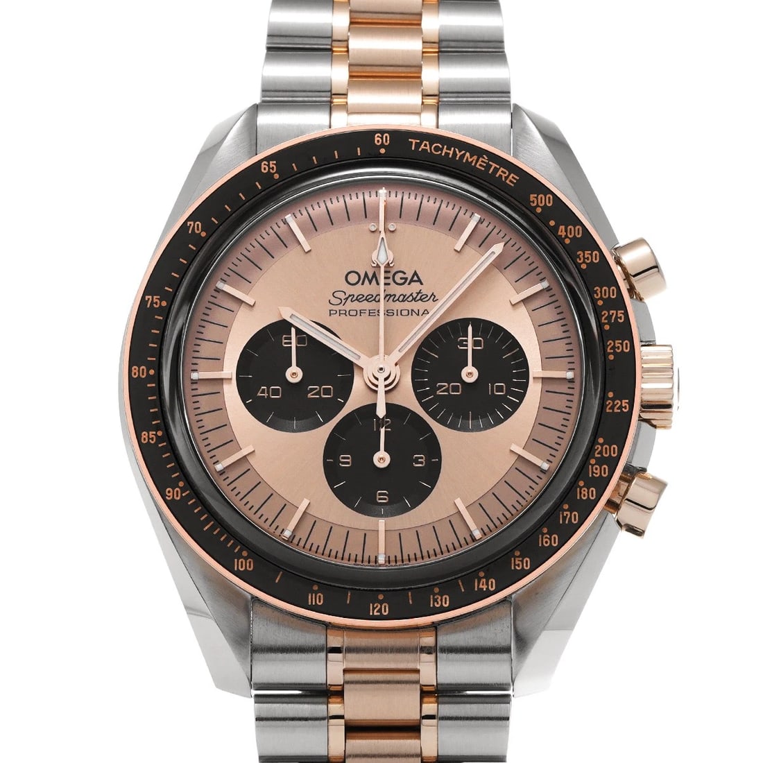 OMEGA SPEEDMASTER MOONWATCH PROFESSIONAL PINK/BLACK WATCH: OMEGA Speedmaster Moonwatch Professional pink/black Watch Brand: OMEGA Type/Style: Wristwatch Material: Band Material Stainless Steel, Rose Gold, Case Material Stainless Steel, Rose Gold Color: Dial C
