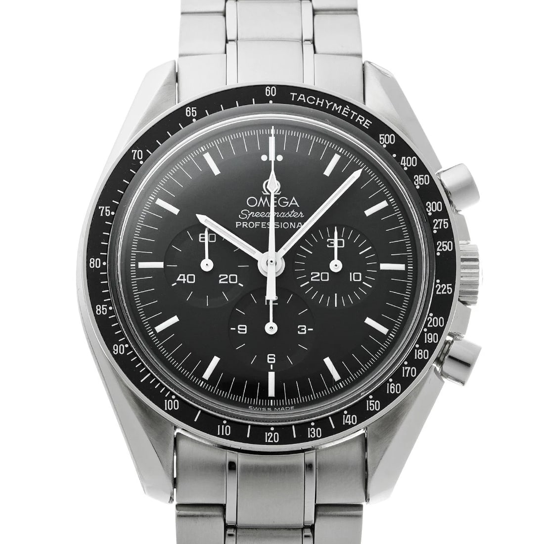 OMEGA SPEEDMASTER MOONWATCH PROFESSIONAL BLACK WATCH: OMEGA Speedmaster Moonwatch Professional black Watch Brand: OMEGA Type/Style: Wristwatch Material: Band Material Stainless steel, Case Material Stainless steel Color: Dial Color black Size: Case Size 