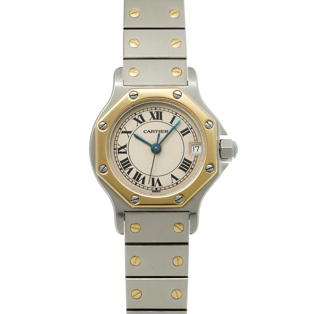CARTIER SANTOS OCTAGON SM IVORY WATCH: CARTIER Santos Octagon SM Ivory Watch Brand: CARTIER Type/Style: Wristwatch Material: Band Material Stainless steel/Yellow gold plated, Case Material Stainless steel Color: Dial Color Ivory Size: Case
